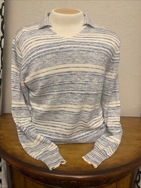 Peter Millar Cream & Light Blue Striped Crewneck Sweater